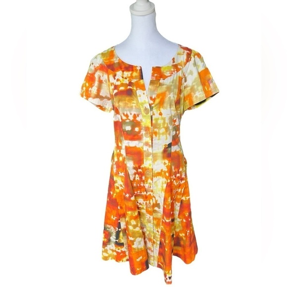 Lafayette 148 - Yellow & Orange Marbled Cotton Button-Front Dress Sz 6 - Picture 2 of 6